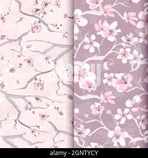 Aquarell-Sakura-Blume. Vintage-Ornament im Frühling. Set von rosafarbenen romantischen Gemälden. Nahtlose Sakura-Blüte. Vektor Stock Vektor