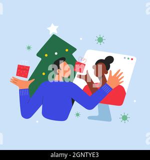 Weihnachts-Videoanruf, Paar feiert Weihnachten entfernt, Videokonferenz, Freundin und Freund tauschen Geschenke, Vektor-Cartoon Stock Vektor
