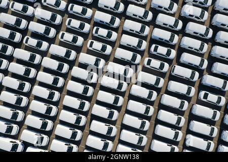 Luftaufnahme von der Drohne zum Auto-Zoll-Terminal. Eine große Anzahl weißer Autos am Zollterminal wartet auf den Versand. Kumulative zolltarifs pla Stockfoto