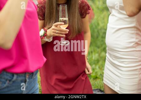 Die Mädchen halten eine Brille in den Händen. Freunde trinken Wein bei einem Picknick. Mädchen in der Natur trinken Alkohol. Sommerurlaub. Frauen in Kleidern sind Hol Stockfoto