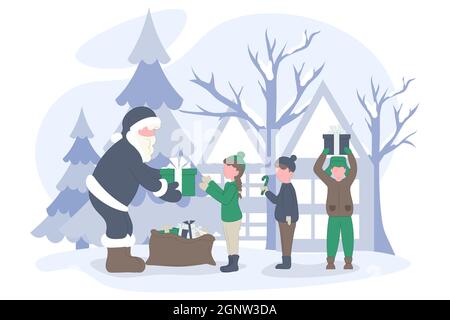 Der Weihnachtsmann schenkt Kindern Geschenke. Weihnachtsgeschenke für Kinder. Frohe Weihnachten und frohe Neujahrswünsche. Flache Vektorgrafik. Winter l Stock Vektor
