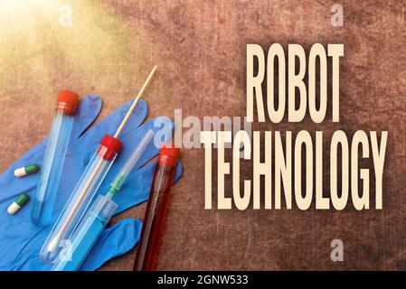 Handschriftschild Robot Technology. Geschäftsansatz entwickeln Sie Maschinen, die den Menschen ersetzen können Aufgabe Verschreibung Medizin Labor Stockfoto