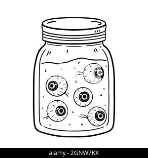 Glas mit Augäpfel in Flüssigkeit isoliert auf weißem Hintergrund. Handgezeichnete Vektorgrafik im Doodle-Stil. Perfekt für Halloween-Designs, Karten, Logo Stock Vektor