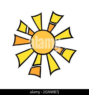 Handgezeichnete gelbe Sonne. Bunt leuchtende Sonne mit Balken im Doodle-Stil. Schwarz-Weiß-Vektorgrafik isoliert auf weißem Hintergrund Stock Vektor