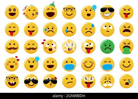 Smileys Emoji-Vektorset. Emoticons niedliche Charaktere mit Partei, cool, verrückt und glücklich Emojis Gesicht isoliert in weißem Hintergrund für Smiley Gesicht zum Ausdruck. Stock Vektor