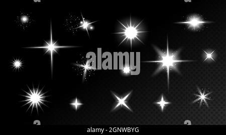 Star Shine-Effekte, Blitzlichter mit Funkeln und Lichtstrahlen isoliert auf transparentem Hintergrund. Vektor realistische Satz von hellen Blendung, weiße Flare mit glänzenden Strahlen Stock Vektor