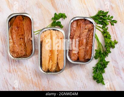 Meeresfrüchte aus der Dose, in oi konservierte melva-Fischfilets Stockfoto