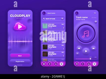 Neomorphe Musik-Player-Schnittstelle, UI-App-Bildschirm, Vektor-Handy-Wiedergabeliste-Anwendung. Neomorphe Musik-Player Audio-Medien-Tasten Tempel mit Song-Wiedergabeliste-Menü und Album-Cover, Neomorphismus UX Stock Vektor