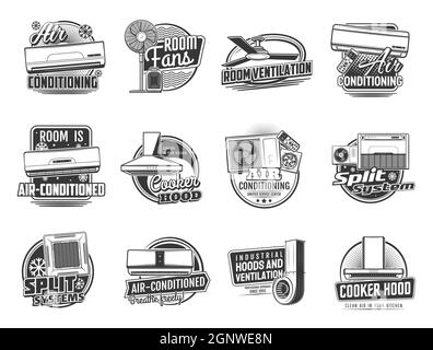 Symbole für Klimaanlage und Belüftung. Hausraum und industrielle Lüftung Installation und Reparatur-Service-Vektor-Embleme mit Klimaanlage Split-System-Einheiten, Ventilatoren und Dunstabzugshaube Stock Vektor