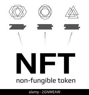 NFT-Infografiken für nicht fungible Tokens auf Weiß isoliert. Zahlen Sie für einzigartige Sammlerstücke in Spielen oder Kunst. Vektordarstellung. Stock Vektor