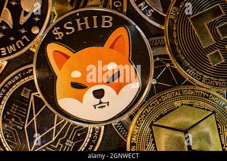 Horizontale Ansicht von Kryptowährungstoken, einschließlich Bitcoin, Dogecoin und Ethererum von oben auf schwarzem Hintergrund. Hochwertige Fotos Stockfoto