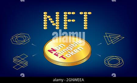 NFT Wort aus goldenen Münzen nicht fungible Token Infografiken mit großer isometrischer Münze auf blauem Hintergrund. Zahlen Sie für einzigartige Sammlerstücke in Spielen oder Kunst. V Stock Vektor