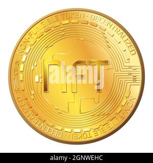 Detaillierte Goldmünze NFT nicht fungible Token isoliert auf weiß. Zahlen Sie für einzigartige Sammlerstücke in Spielen oder Kunst. Vektordarstellung. Stock Vektor