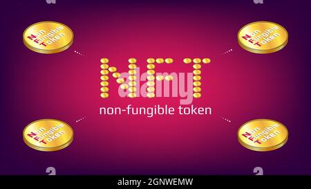 Nicht fungible Token Infografiken NFT Wort aus goldenen Münzen mit isometrischen Münzen rund auf rotem Hintergrund. Zahlen Sie für einzigartige Sammlerstücke in Spielen oder Kunst Stock Vektor