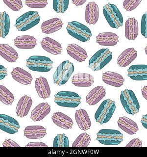 Makarons Nahtloses Muster. Bunte Cartoon-Illustration auf weißem Hintergrund. Stock Vektor