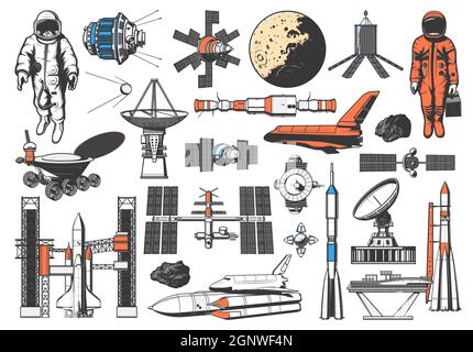 Weltraumsymbole von Raketen-, Raumfahrer- und Planeten-Satelliten, Vektorgalaxie-Exploration. Lunar Rover und Raumschiff Shuttle, Orbitalstation und Meteor-Asteroide, Raumschiff-Startrampe und sputnik Stock Vektor