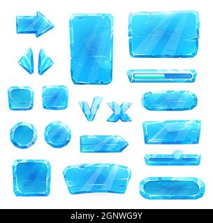 Spiel Asset der blauen Eiskristall-Tasten, Cartoon-Vektor-Set. Menü-Oberfläche von vereisten texturierten Blöcken und Würfeln, grafische Elemente der benutzeroberfläche. Eingefrorener Schieber, isolierter Pfeil und Kreuz. Bedienfeldschnittstelle Stock Vektor