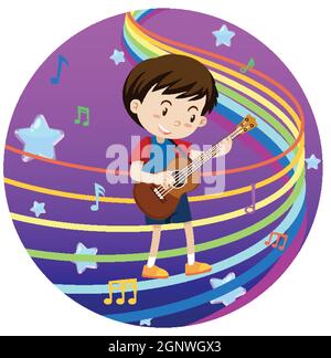 Happy Boy spielt Gitarre mit Regenbogenmelodie auf blau und lila Verlauf Hintergrund Illustration Stock Vektor