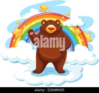Grizzly Bär auf der Wolke mit Regenbogenabbildung Stock Vektor