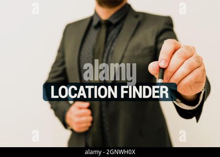 Inspiration mit Schild „Location Finder“. Internet-Konzept Ein Service, um die Adresse eines ausgewählten Ortes zu finden, der neue Pläne und Ideen präsentiert Stockfoto
