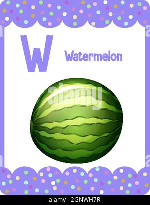 Alphabet Flashcard mit Buchstabe W für Wassermelone Illustration Stock Vektor