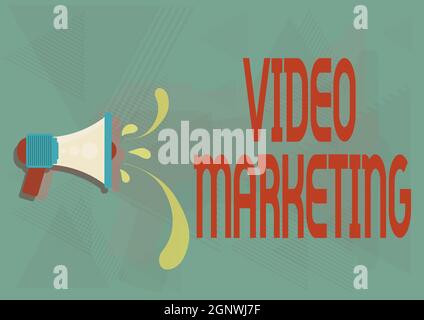 Schild mit Video-Marketing. Word Written On integriert fesselnde Videos in die Marketingkampagnen Illustration des Megaphons, das Wasser austreten lässt Stockfoto