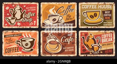 Dampfende Kaffeetassen rostige Teller. Kaffeehaus, Café oder Restaurant heiße Getränke grungy Vektor Zinn singt, vintage Metallplatten. Porzellanbecher auf Untertasse mit dampfendem Kaffee, Wasserkocher und arabica-Bohnen Stock Vektor