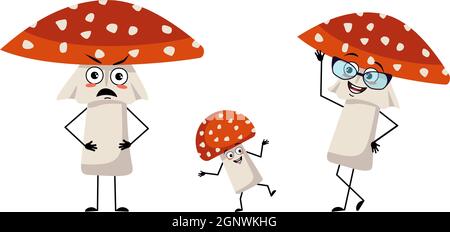 Familie von niedlichen Amanita Charakter mit fröhlichen Emotionen, Lächeln Gesicht, glückliche Augen, Arme und Beine. Mama ist glücklich, strenger Vater und das Kind tanzt. Fliegen Sie Agaric Pilz mit einem roten Hut und weißen Punkten Stock Vektor