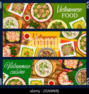 Vietnamesische Lebensmittel Vektor Rind Nudel Suppe Pho bo, Spinat Garnelen Salat und Auberginen Eintopf. Garnelensalat, Garnelensuppe Pho und Mangosalat oder Shiitake-Pilzsuppe Pho Vietnam Cuisine Cartoon Banner Set Stock Vektor