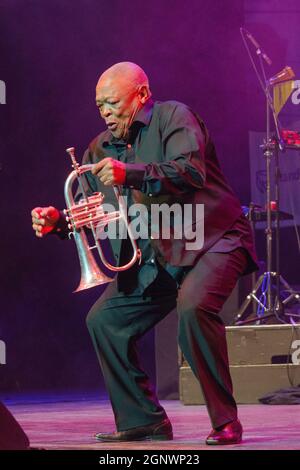 Hugh Masekela tritt am 12. Juli 2014 beim National Arts Festival in Grahamstown, Südafrika, auf. Stockfoto