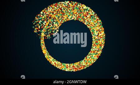 Drei radiale Streifen von farbigen Partikeln zu einer Spirale verschmelzen. Magischer festlicher Effekt mit Bokeh und Funkeln. Computergeneriertes 3d-Rendern. Stockfoto