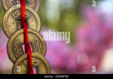 Chinesischer Feng Shu Reichtum und Erfolg Münzen mit Knot. Chinesische Neujahrsdekoration Stockfoto