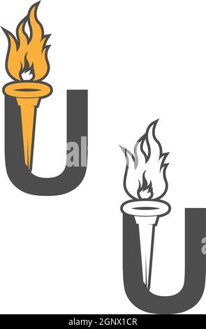 U-Icon-Logo mit Schriftzug in Kombination mit Fackel-Icon-Design Stock Vektor