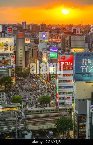 Shibuya Scramble Kreuzung sichtbar von Shibuya Hikarie. Drehort: Metropolregion Tokio Stockfoto
