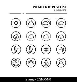 Symbol für die Wetter- und Meteorologie-Linie in einem Kreis. Sonne, Wolken, Temperatur und Druck. Vektordarstellung Stock Vektor