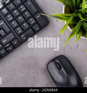 Arbeitsplatz auf dunklen Tisch mit kopieren. Tabelle mit Tastatur, Maus, Blumen im Topf. Flach. Blick von oben auf die Tafel Büro Schreibtisch Stockfoto