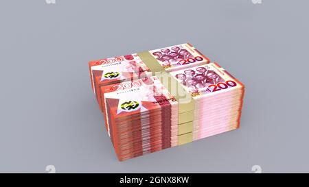 3d-Rendering von 200 Ghana Cedi-Bündeln stapeln sich auf einfachem Hintergrund Stockfoto