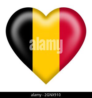 Eine Herztaste mit belgischer Flagge, isoliert auf Weiß mit Ausschnitt 3D-Darstellung des Pfads Stockfoto