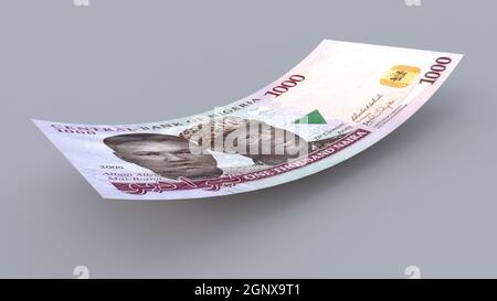 3d-Rendering von 1000 Naira-Bündeln auf einfachem Hintergrund Stockfoto