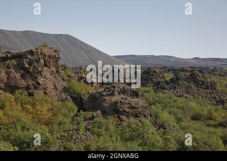 Dimmuborgir - eine Felsenstadt in der Nähe des Lake Myvatn im Norden Islands mit vulkanischen Höhlen, Lavafeldern und Felsformationen. Stockfoto