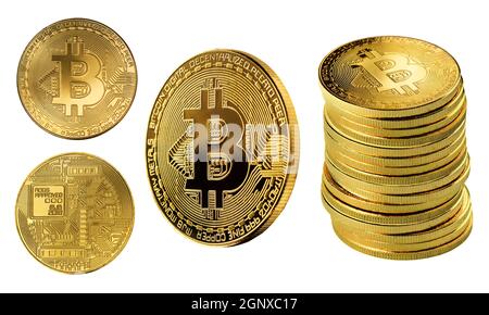 Satz von Kryptowährungen mit einem goldenen Bitcoins isoliert auf weiß Stockfoto