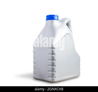 Grauer Kunststoffkanister Maschine Schmieröl Gallone Flasche 4 Liter Mit einer blauen Kappe für Maschinenauto isoliert auf Über weißem Hintergrund mit cli Stockfoto