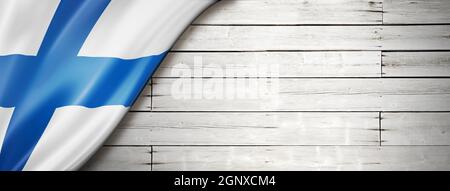 Finnland Flagge auf alter weißer Wand. Horizontales Panorama-Banner. Stockfoto