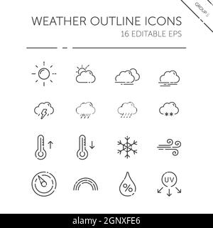 Wettersymbol und Symbol für Meteorologie mit dünnen Linien. Sonne, Wolken, Temperatur und Druck. Vektordarstellung Stock Vektor