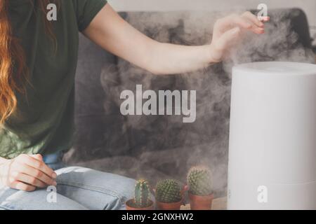 Gesunde Luft. Der Luftbefeuchter verteilt Dampf im Wohnzimmer. Die Frau hält die Hand über den Dampf. Stockfoto