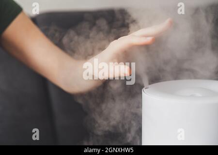 Gesunde Luft. Der Luftbefeuchter verteilt Dampf im Wohnzimmer. Die Frau hält die Hand über den Dampf. Stockfoto