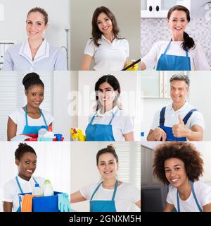 Lächelnder Hausmeister Reinigungsteam Oder Gruppe In Uniform Stockfoto