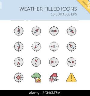 Wetter und Meteorologie. Compass und Naturkatastrophen. Farbsymbol eingestellt. Gefüllte Vektorgrafik Stock Vektor