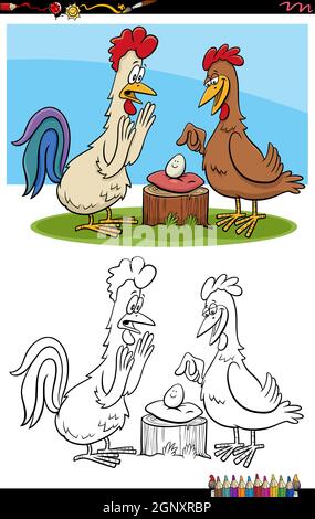 Hahn und Henne mit Ei Cartoon Malbuch Seite Stock Vektor