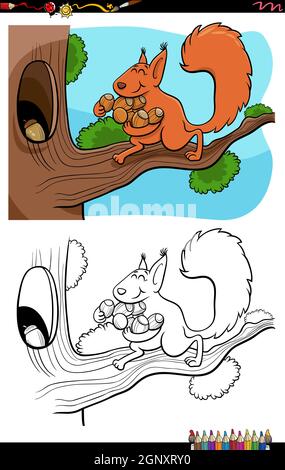 Cartoon lustige Eichhörnchen mit Eicheln Malbuch Seite Stock Vektor